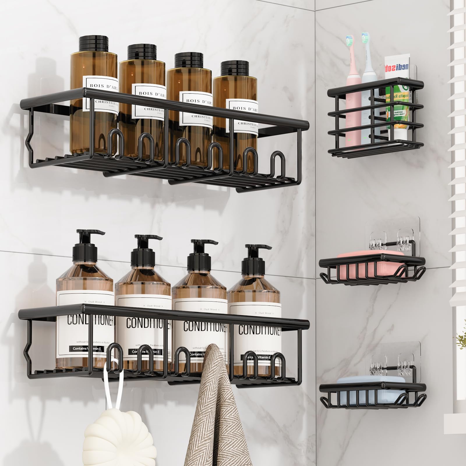 5 Pack Adhesive Bathroom Holders & Dispensers for Kids & Adults, Black | Large C
