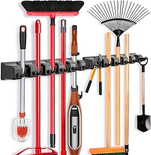 IMILLET 2 Pack Mop and Broom Holder, Wall Mount Organizer Storage Tool Rack | Broom and Mop Organizer Wall Hanging for Garage, Laundry Room, Garden, Utility, 5 Ball Slots and 6 Hooks(Black)