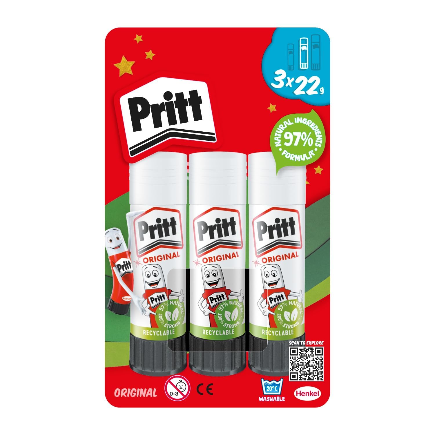 Pritt Stick Glue, Craft Glue, Safe & Child-Friendly, 3 x 22 g