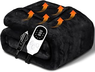 WillingHeart 12V Car Heated Blanket Charcoal Black 59"x39" | Flannel Electric Throw, 9 Heat 3 Timer Settings, Auto-Off Overheat Protection, Portable SUV RV Travel Blanket