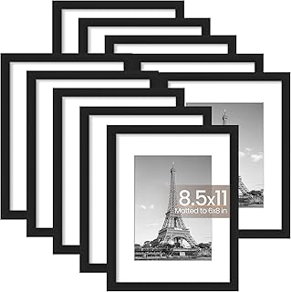 upsimples 8.5x11 Picture Frame Set of 10, Display Pictures 6x8 with Mat or 8.5x11 Without, Multi Photo Frames Collage for Wall or Tabletop Display, Black