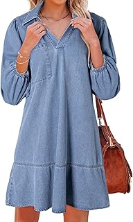 Dokotoo Denim Dress for Women Fall 3/4 Puff Sleeve Babydoll Jean Dress