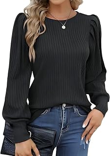 Hotouch Women's Elegant Puff Sleeve Sweater Round Neck Casual Blouse