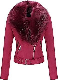 Bellivera Women's Faux Leather Trench Coat Fleece Lined Mid Length Jacket with Detachable Fur Collar