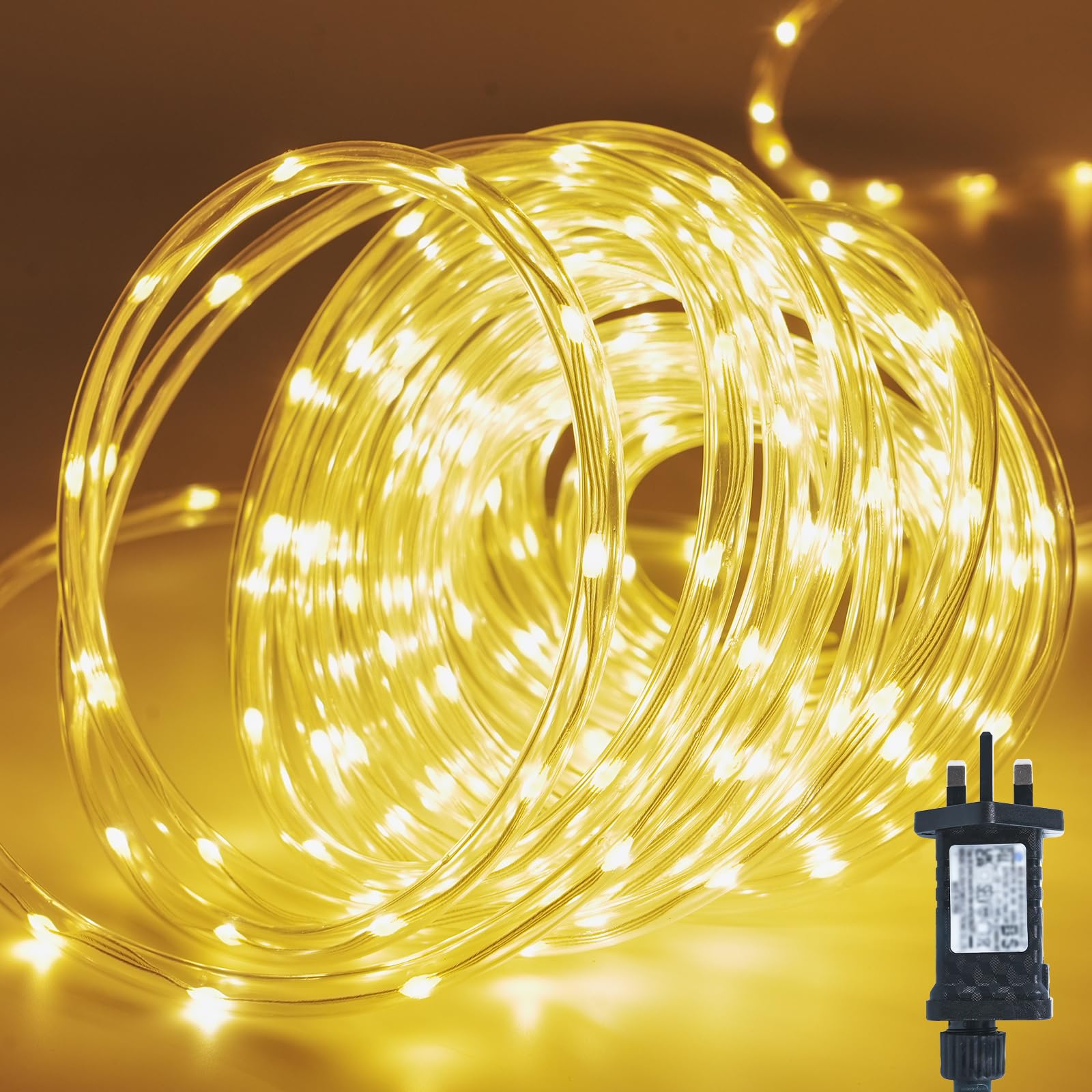 Gresonic Outdoor Rope Lights Mains Powered, 400LED 20m/65.62ft Warm White 8 Mode