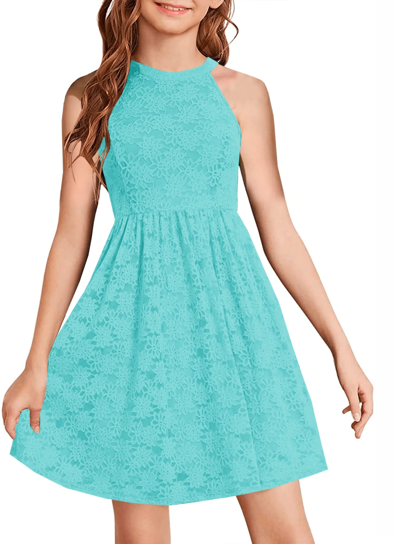 HOSIKA Flower Girl Dress Halter Neck Elegant Floral Lace A-line Party Dress