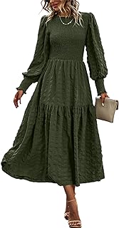 PRETTYGARDEN Abito lungo da donna 2025 a maniche lunghe a sbuffo primaverile girocollo con punto smock a vita impero a strati svasato svasato abito lungo fluido