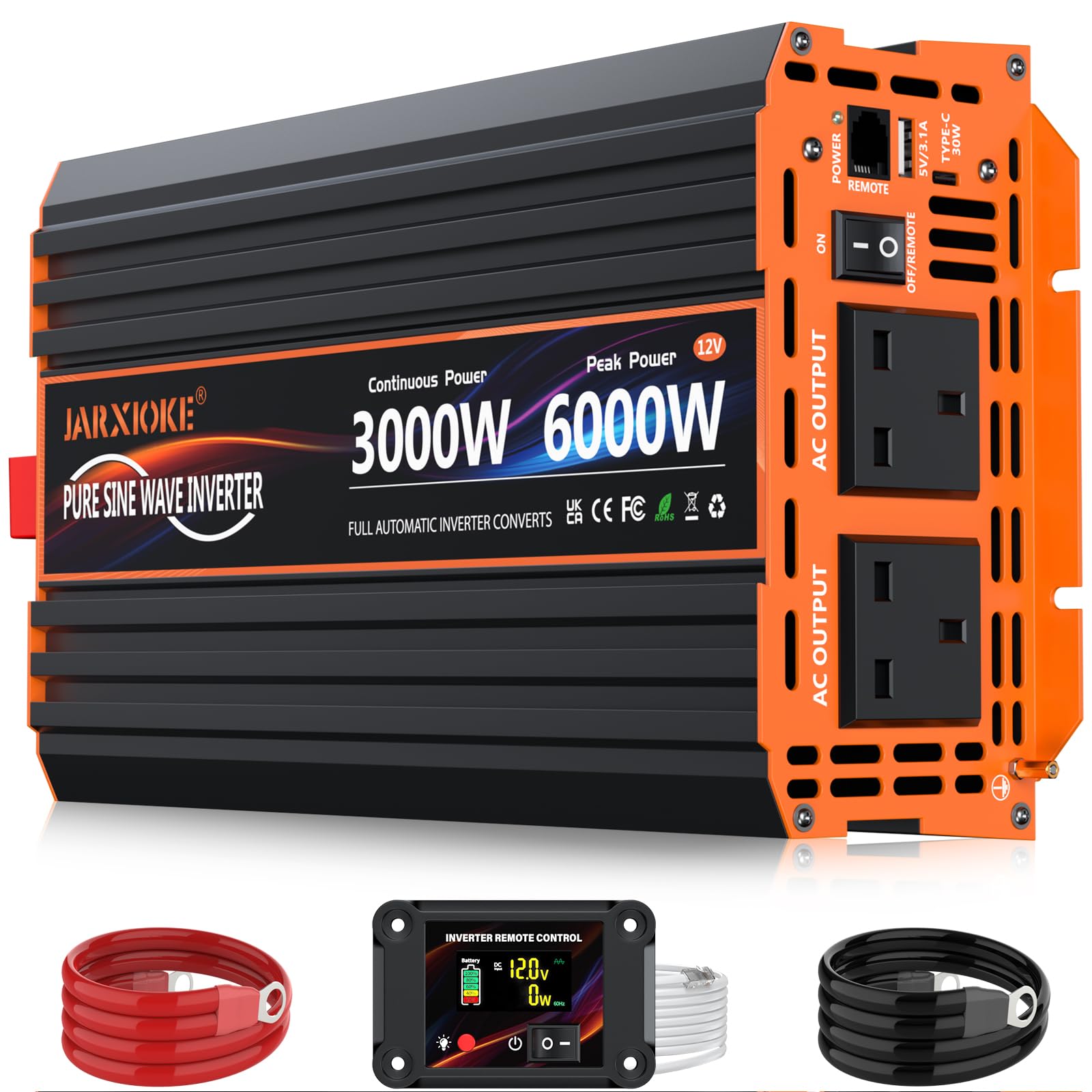 3000W Pure Sine Wave Power Inverter DC 12V to AC 240V with 2 UK Sockets, 30W Typ