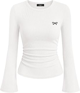 ZESICA Ribbed Bell Long Sleeve Ruched Fitted Tops for Women 2026 Fall