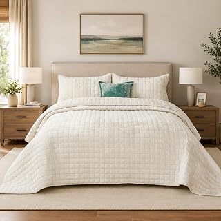 Quilt Set King Size 98x106 Luxurious Velvet Bedding Sets with 2 Pillow Shams 20x36 3 Pieces Ultra Soft Quilted Bedspread Coverlet Comforter for All Season,Cream White