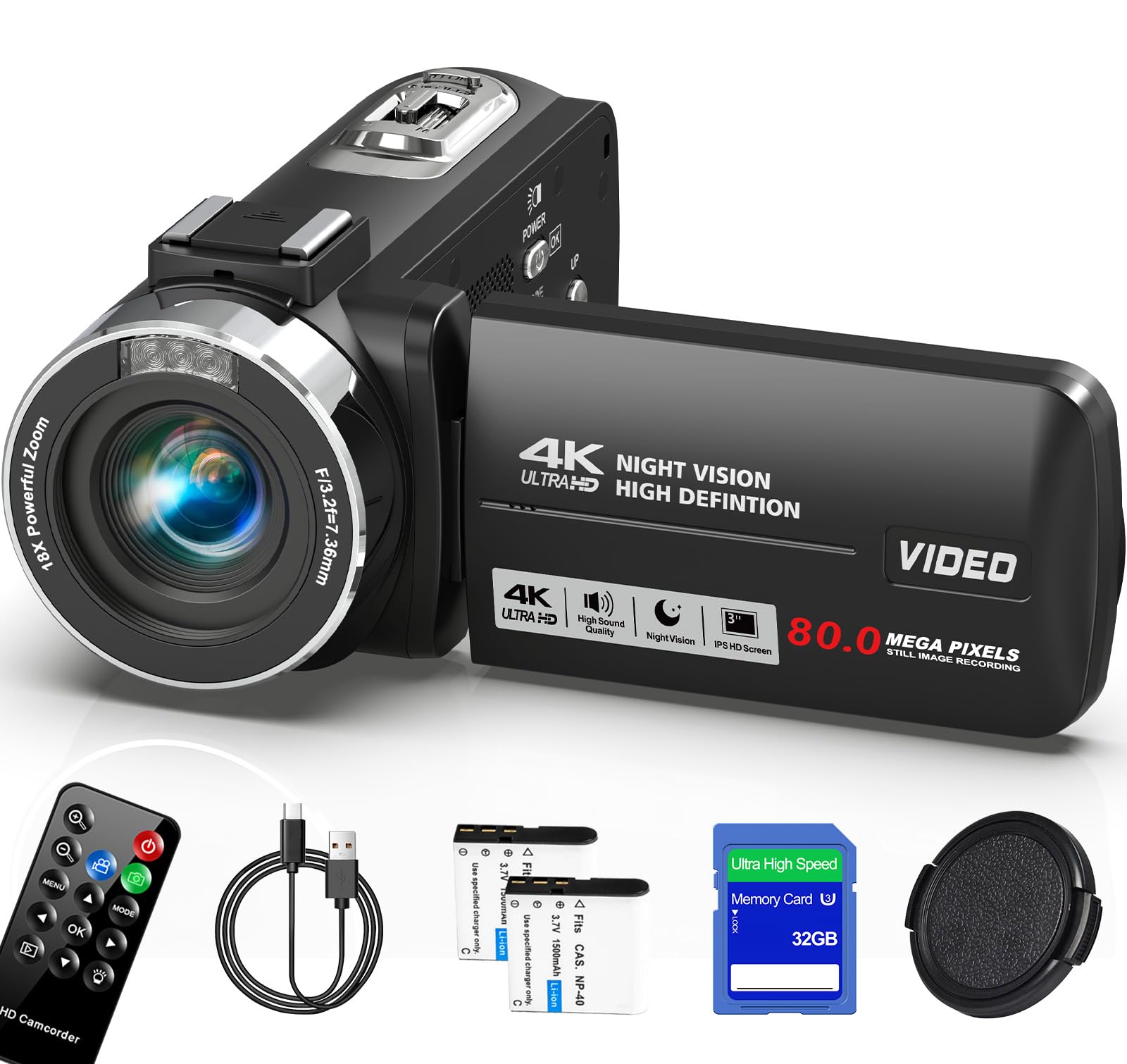 Peryoua 4K Ultra 80MP Camcorder Video Camera Vlogging for YouTube Webcam | 18X D