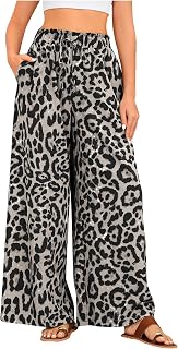 OYOANGLE Women's Leopard Print Elastic High Waist Wide Leg Pants