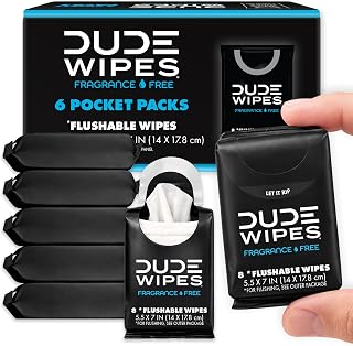 DUDE Wipes Unscented Pocket Packs, Adult Flushable Travel Wipes, 48 Count | 6 pocket sized packs of 8 flushable butt wipes. Travel essentials. Hypoallergenic and fragrance free with aloe. Septic safe.