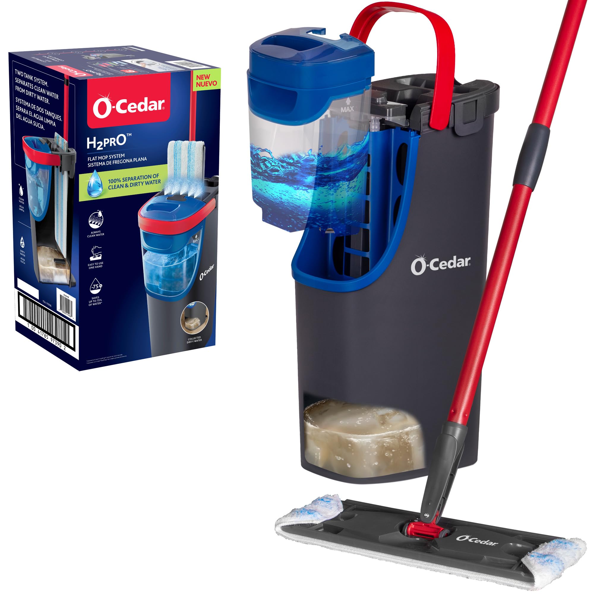 O-Cedar H2prO Flat Mop System | Everyday Quick Cleaning | Dual Tank Fresh Water 