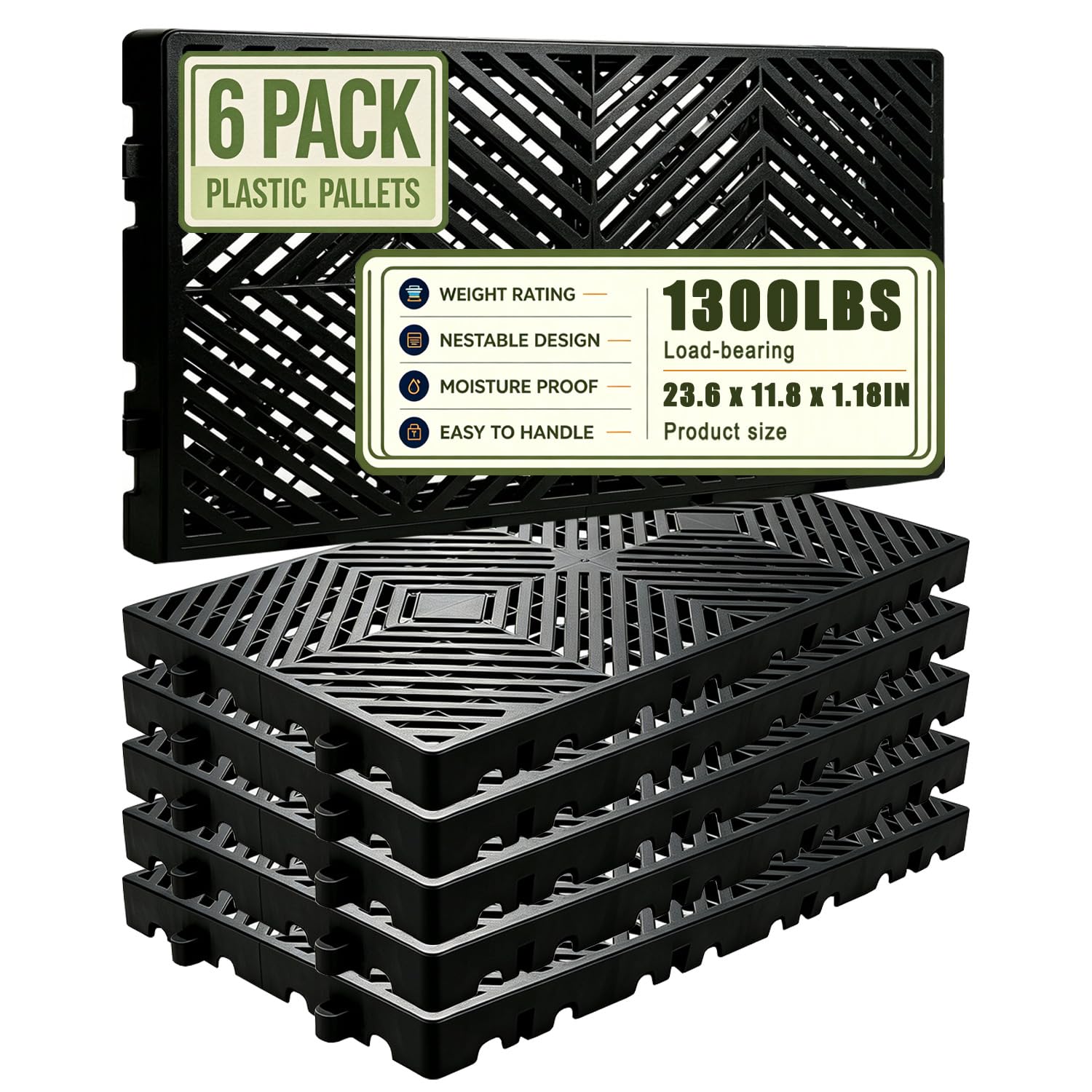6 Pcs Plastic Pallets 23.6 x 11.8 x 1.18 Inch Lightweight Moisture-Proof Waterpr