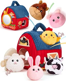 hahaland Baby Toys 6-12 Months - Surprise Barn Stuffed Farm Animals Plush | Baby Gifts Christmas Stocking Stuffers 6 Month Old Montessori Toys with Rattle, Crinkle, Texures, Mirror Infant Sensory Balls