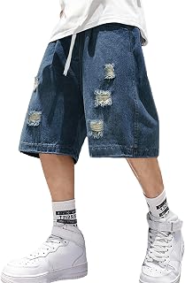 EMMIOL バギージーンズ ショーツ メンズ Y2K Jorts カーゴ リップド ゴムウエスト ショーツ