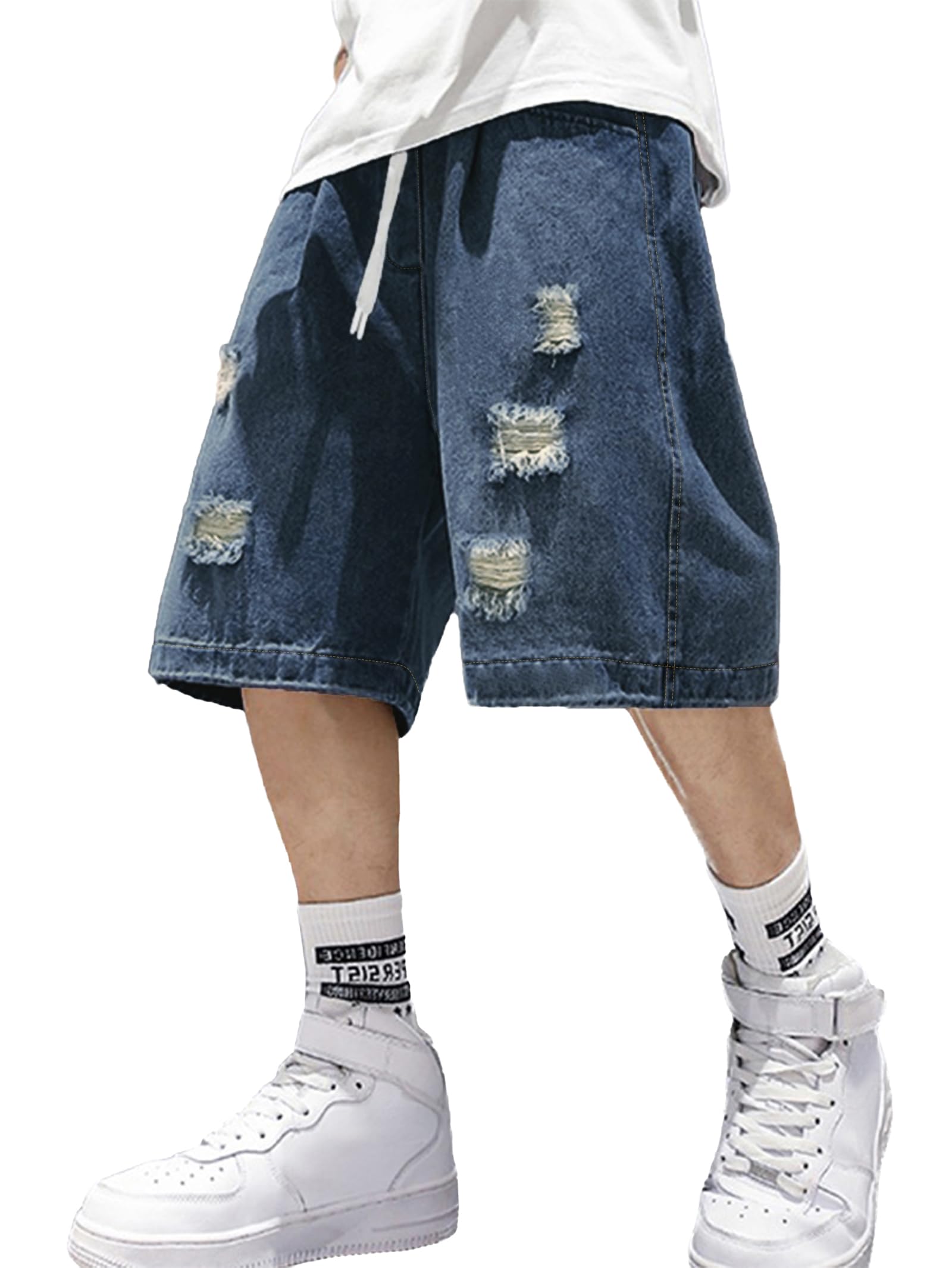 EMMIOL バギージーンズ ショーツ メンズ Y2K Jorts カーゴ リップド ゴムウエスト ショーツ