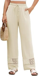 Famulily Pantaloni estivi da donna con coulisse elastica in vita a gamba larga scava fuori ricamare tasche dei pantaloni in pizzo