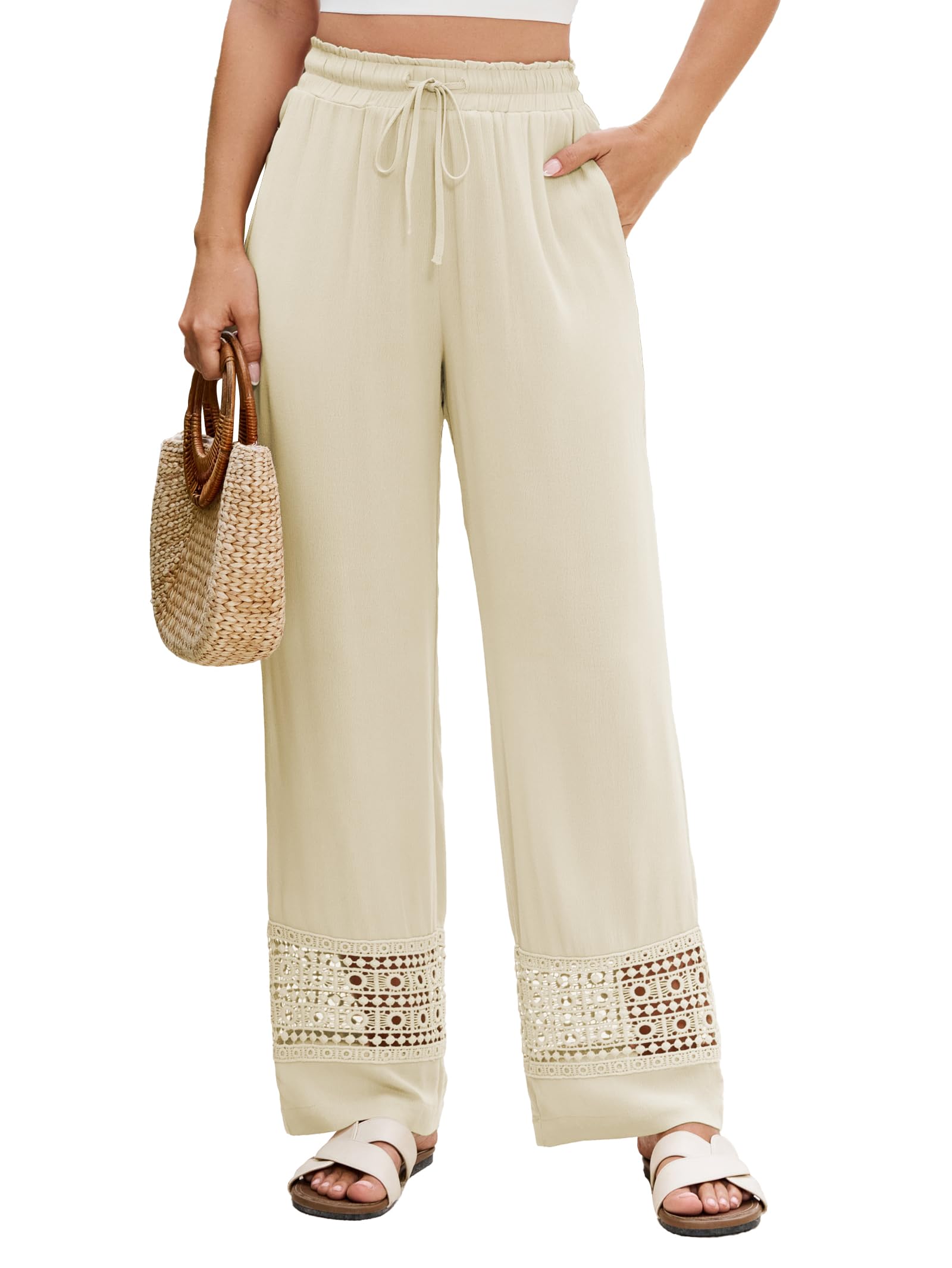 Famulily Pantaloni estivi da donna con coulisse elastica in vita a gamba larga s