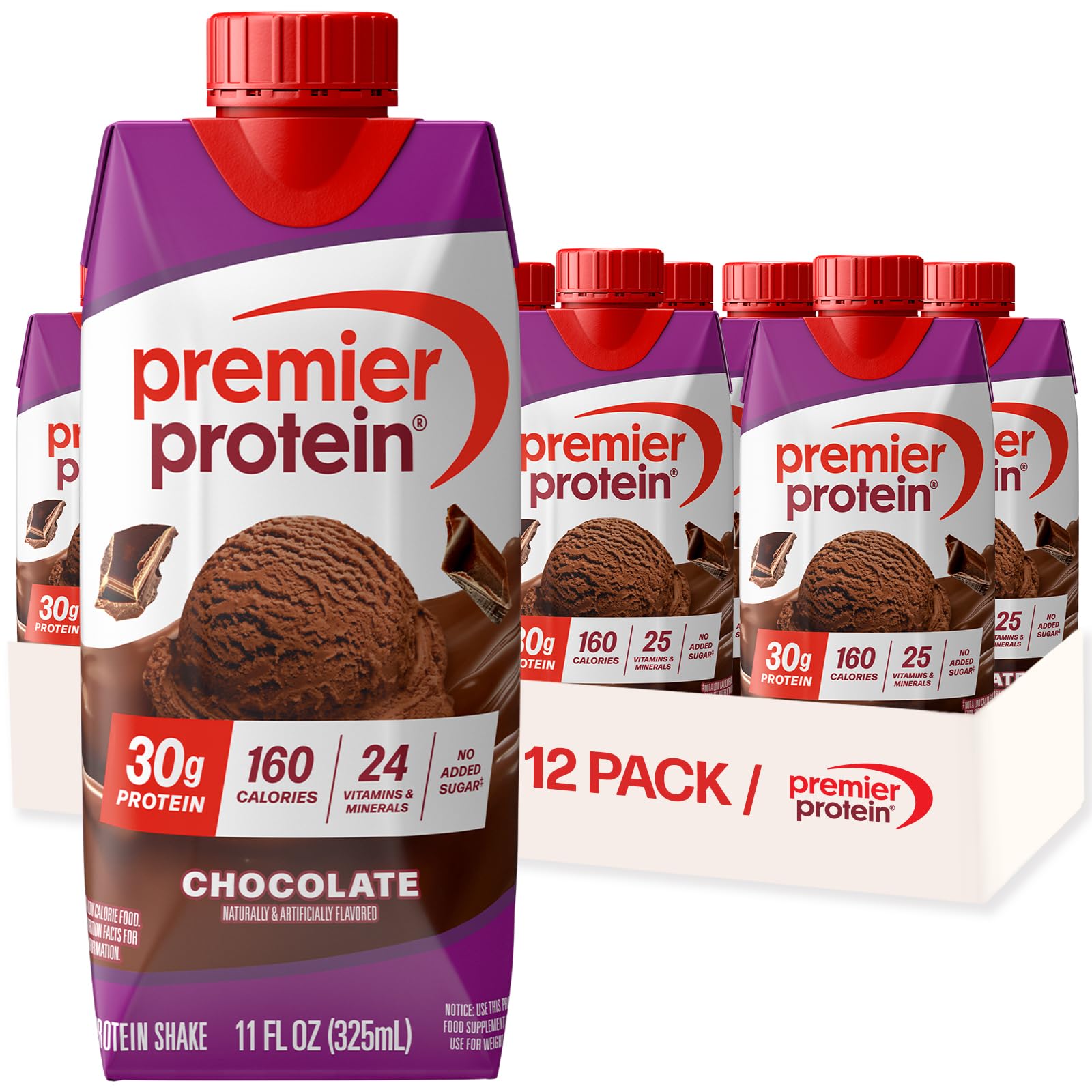Premier Protein 30g High Protein Shake, Chocolate, 12 Pack | 160 Calories, 24 Vi
