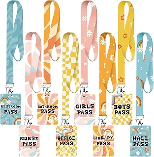 Teling 8 Sets Hall Passes for Classrooms with Lanyards, Retro Style | Waterproof PVC Pass Set with Lanyards, Restroom Bathroom Nurse Office Badges, Durable Management Supplies for Teachers
