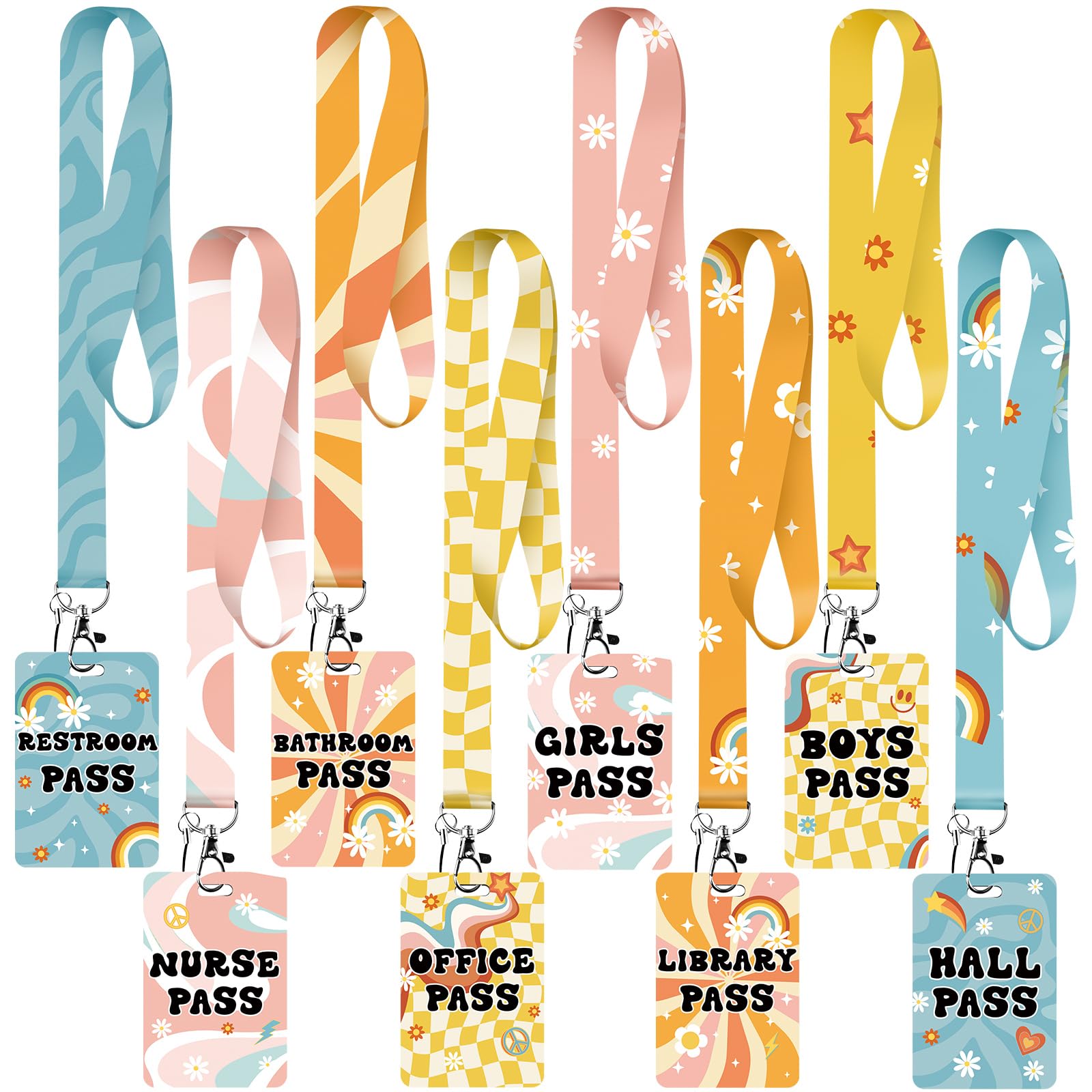 Teling 8 Sets Hall Passes for Classrooms with Lanyards, Retro Style | Waterproof