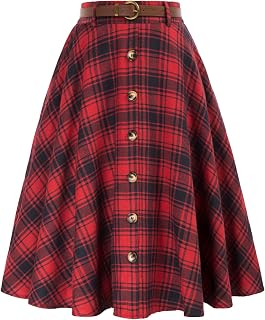 Belle Poque Women's Plaid A-line Skirt Vintage Pleated Flared Midi Skirts Fall Winter Skirts with Pockets & Belts