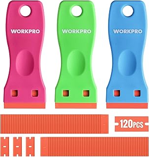 WORKPRO Plastic Razor Blade Scraper Kit, 3 Scrapers with 120 Blades | Safer Plastic Blade Scraper Tool Helps Reduce Scratches, Removes Stickers, Labels, Glue & Residue from Glass, Windows & More
