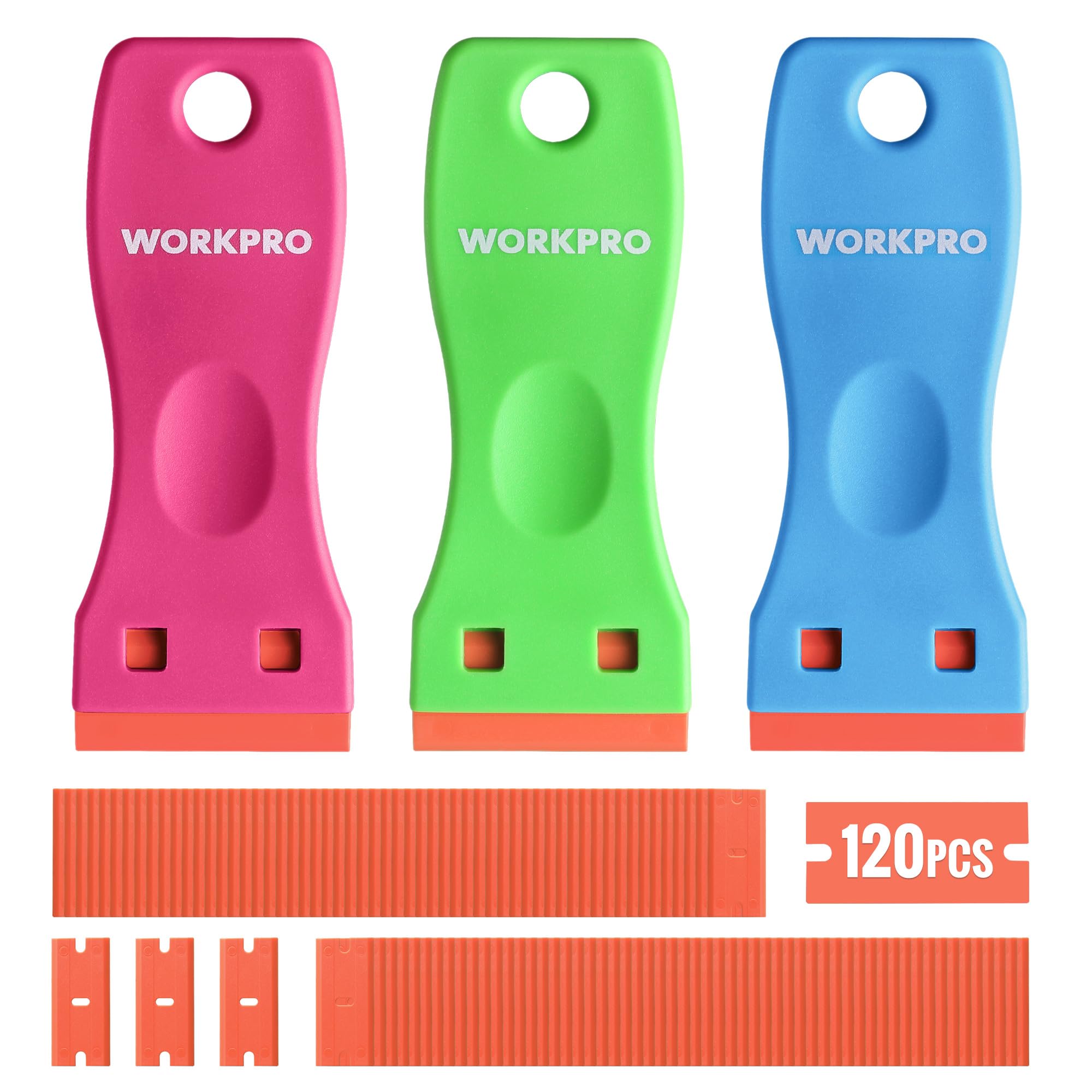 WORKPRO Plastic Razor Blade Scraper Kit, 3 Scrapers with 120 Blades | Safer Plas