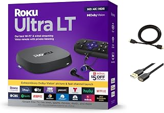 Roku Ultra LT Streaming Device 4K/HDR/Dolby Vision/Dual-Band Wi-Fi with Roku Voice Remote and HDMI Cable, with MTC HDMI Cable and USB Extension Cord