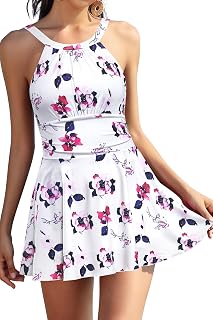 SHEKINI Ladies Elegant One Piece Swimsuit High Neck Ruched Swimming Dress With Slip Inside Belly Path Pleated Bathing Suit Plus Size Tankini