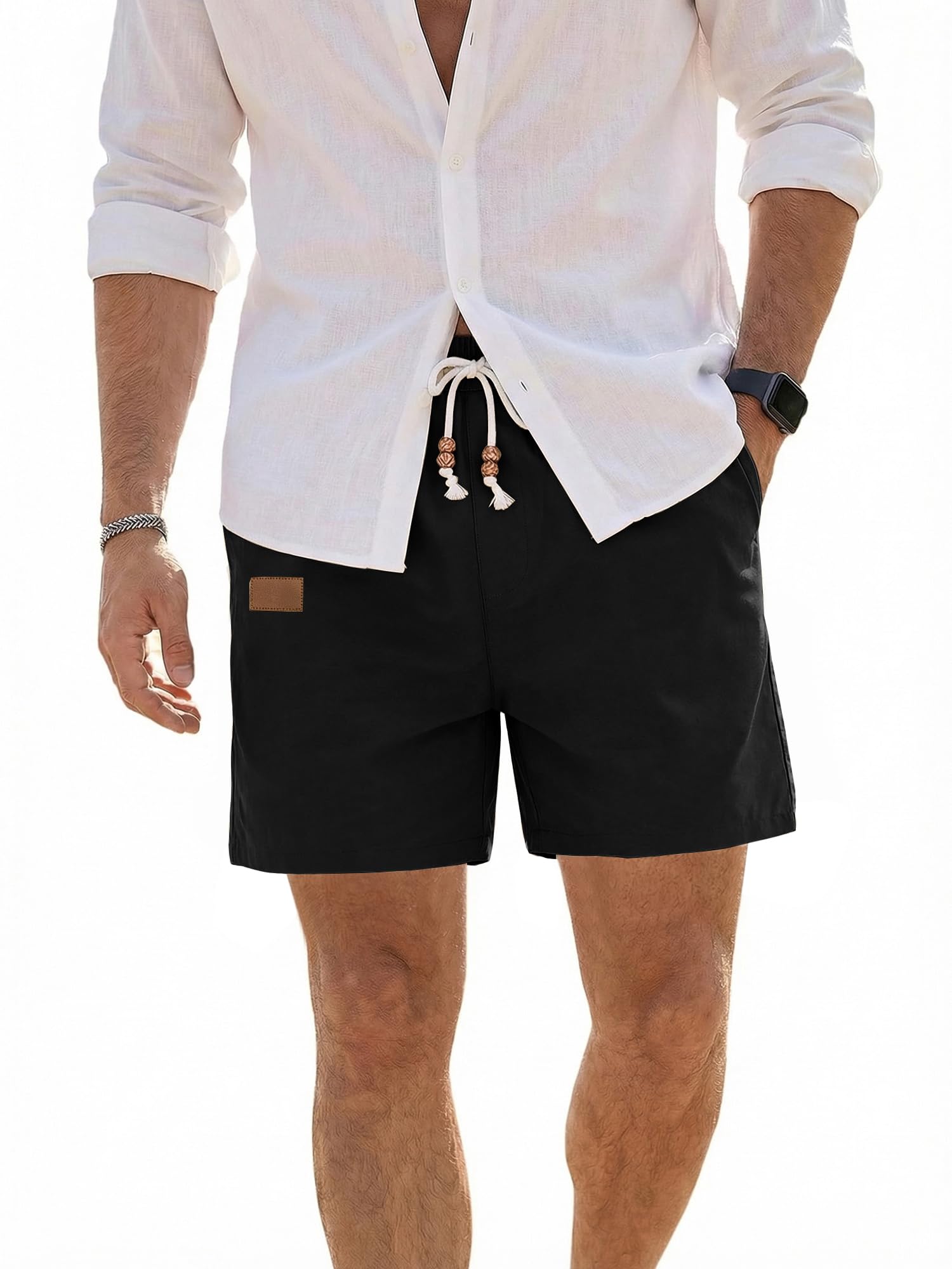 JMIERR Mens 5"/7" Cotton Linen Lightweight Drawstring Casual Beach Shorts