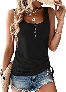 Women Summer Sleeveless U Neck Tank Tops Casual Loose Button Up Henley Shirts