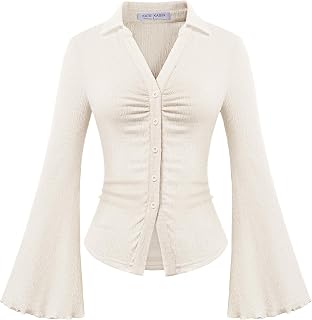 Kate Kasin Womens Button Down Collared Ruched Bell Sleeve Slim Y2K Shirts