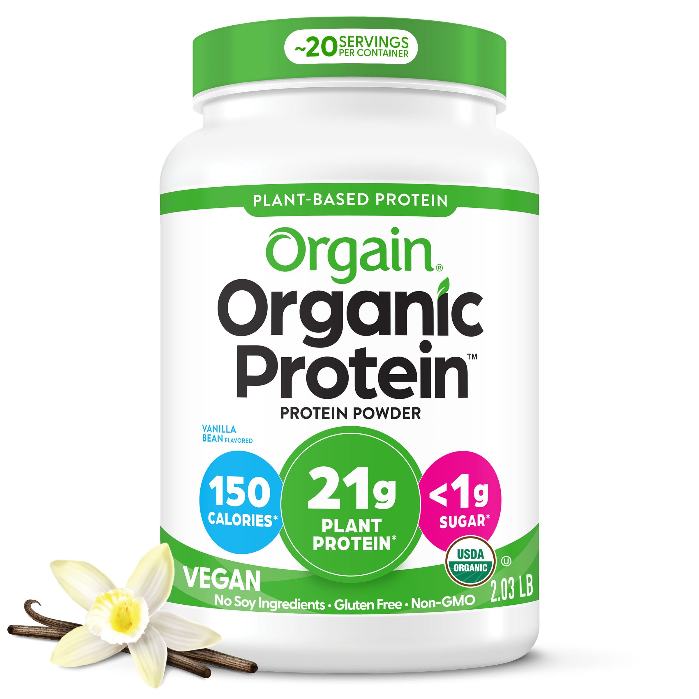 Orgain Organic Vegan 21g Protein Powder, Vanilla Bean, 2.03 lb | Plant based pro