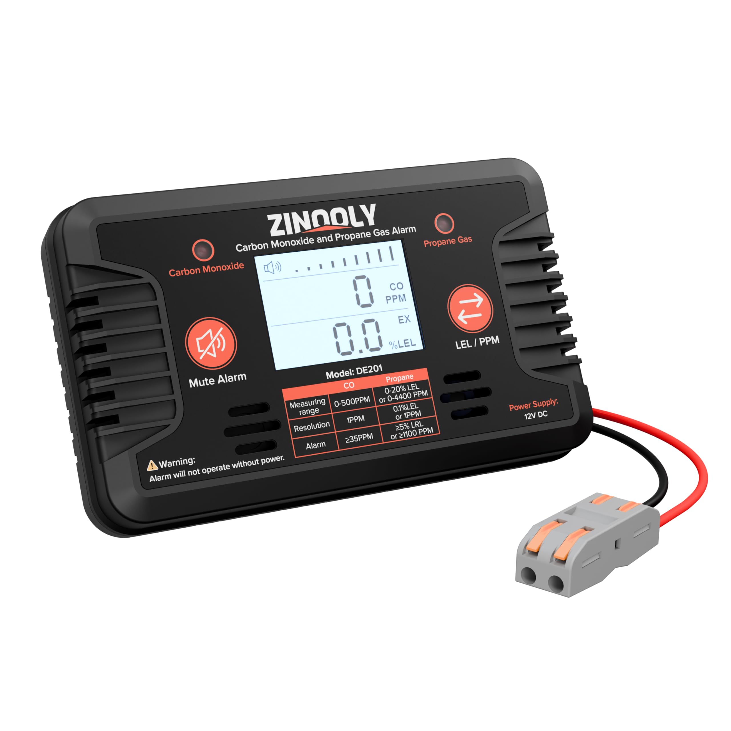RV Dual C-O and L-P G-as Sensor, 12V DC Hardwired for RVs, Black | LED Indicator