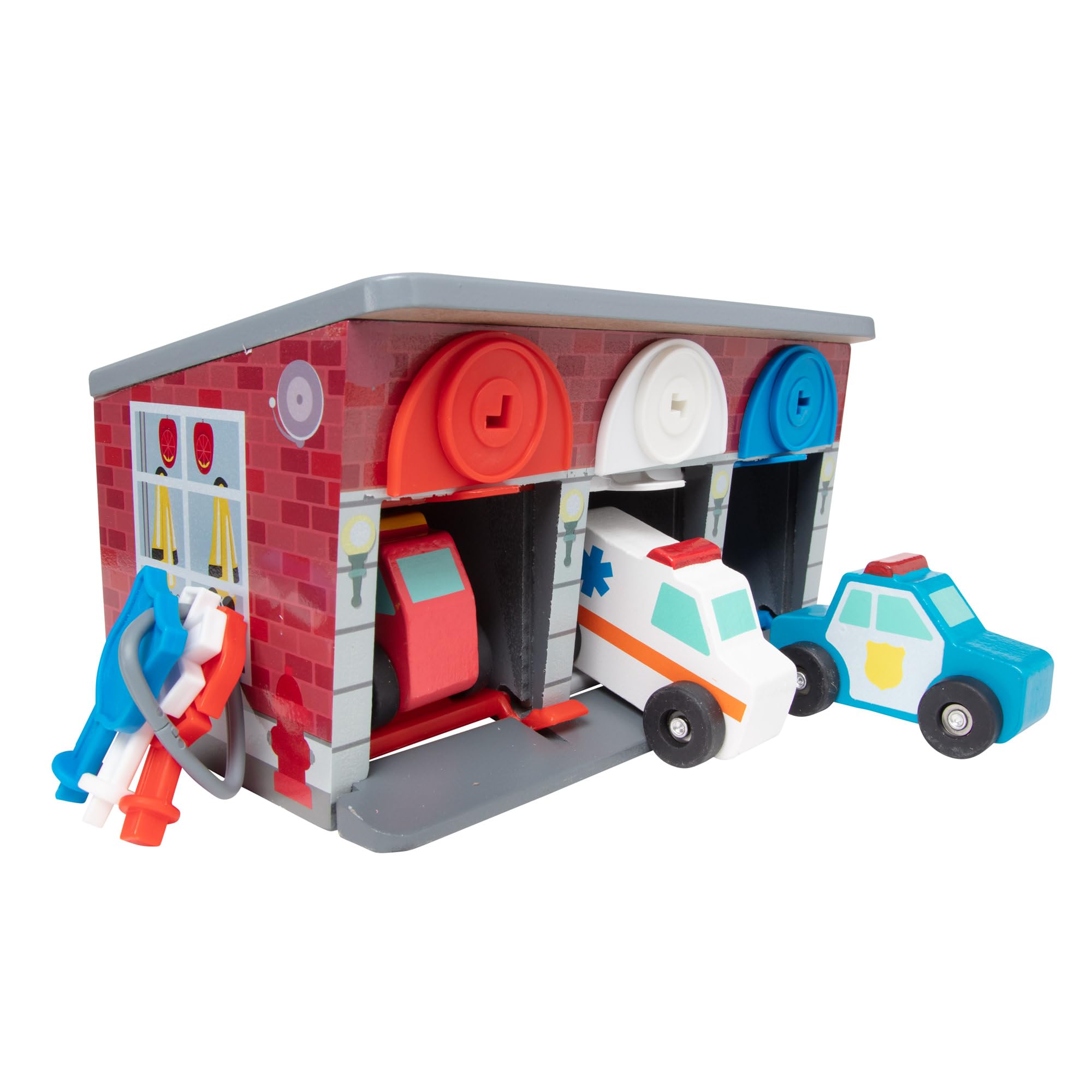 Melissa & Doug Keys and Cars Rescue Garage Wooden Toy Vehicles Set | 7 Pcs, Port