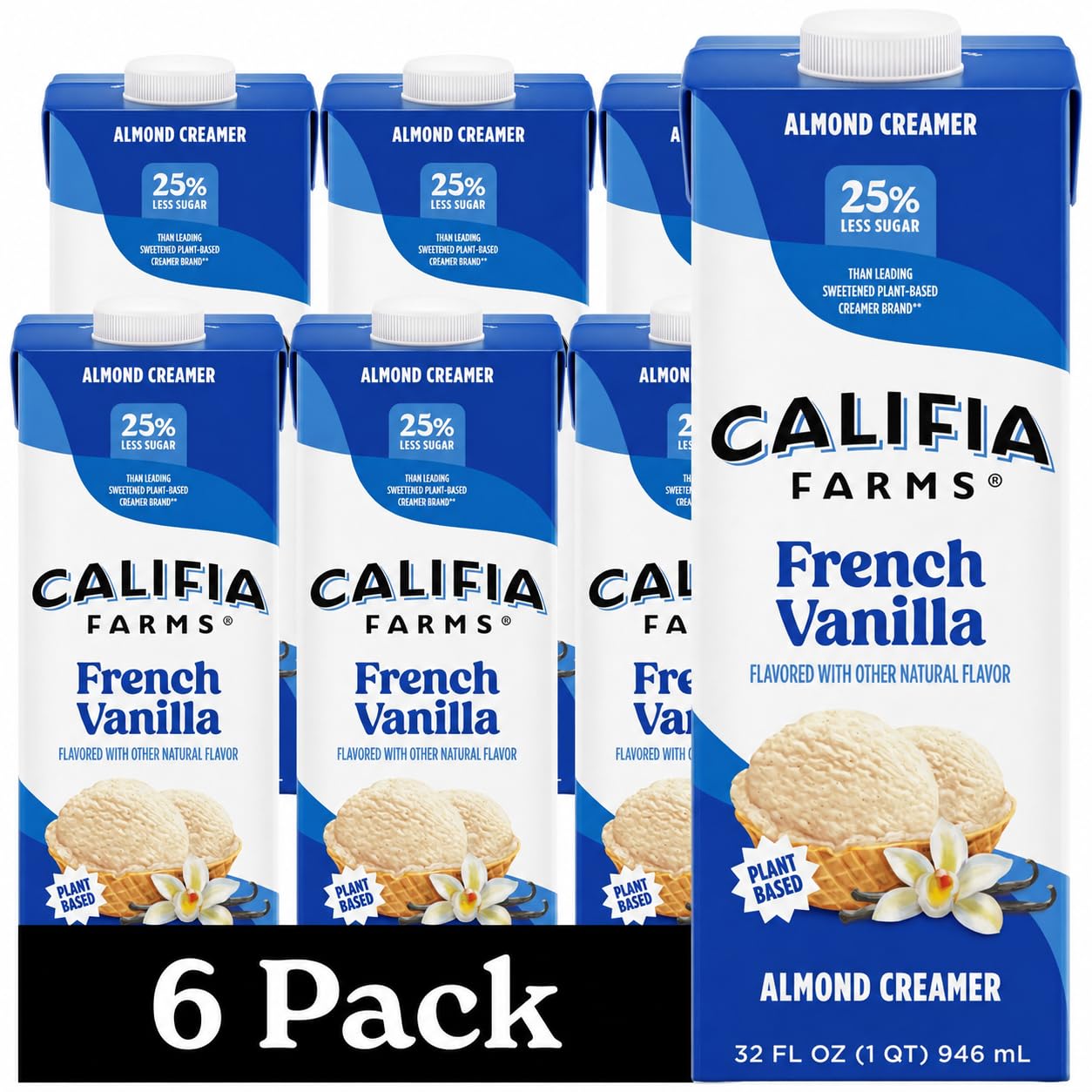 Califia Farms - French Vanilla Almond Milk Coffee Creamer, 32 Oz (Pack of 6), Sh