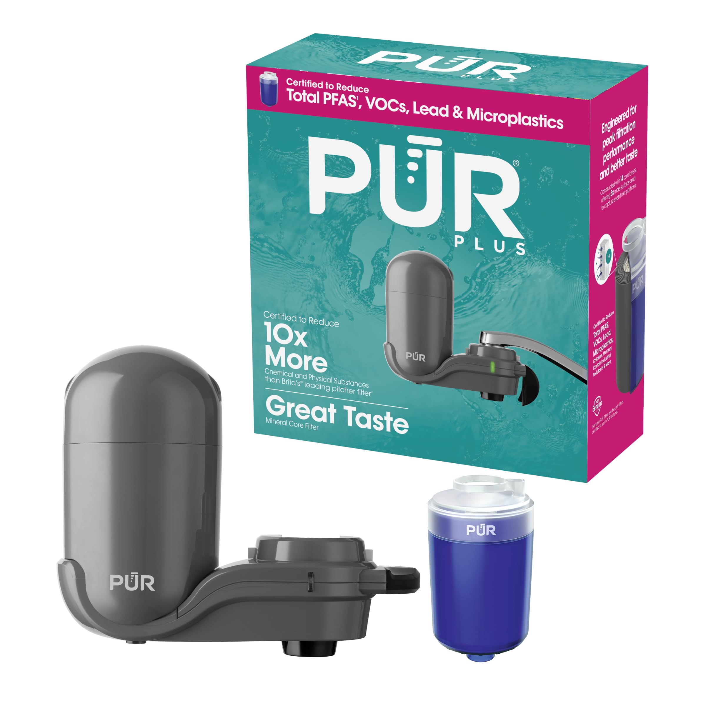 PUR Plus Faucet-Mount Water Filtration System, Lead-Reducing Filter, Grey | Easy