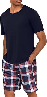 Uniexcosm Men's Short Cotton Pyjamas Set Short Round Neck Short Sleeve Pyjamas Top and Bottom Man Summer with Side Pockets