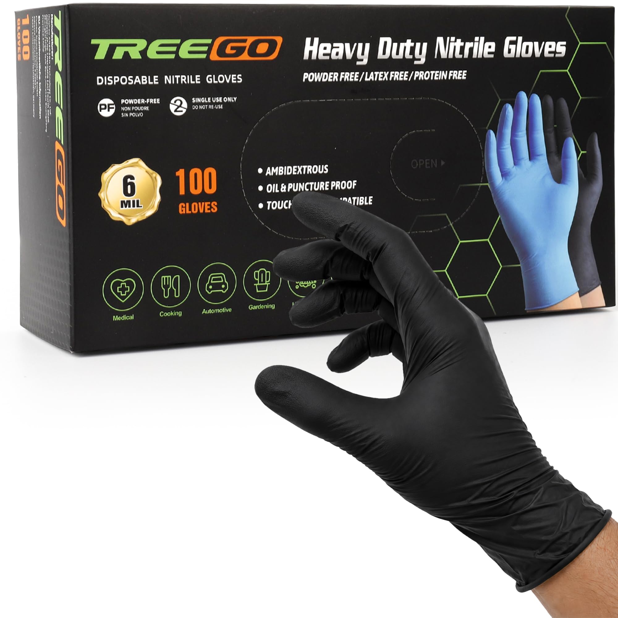 TREEGO Black Disposable Nitrile Gloves, 6 Mil, Large, 100 Count