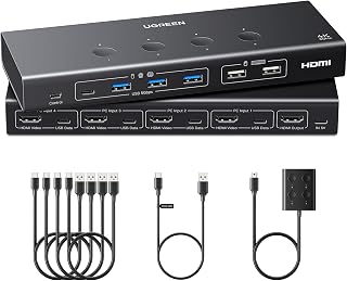 UGREEN HDMI KVM Switch 4 Computers Share 1 Monitor, 4K@60Hz, 6 USB Ports | Support EDID Emulation, KVM Switches, Share One Monitor, Keyboard Mouse Hard Drives Webcam, 4 USB Cables, Desktop Controller