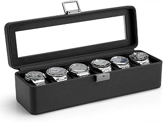 Vlando Watch Case for Men 6 Compartments with Glass Lid, Watch Holder with Lock, Textured Leather Organizer, Soft Cushion, Gifts for Father, Dad, Husband, Black
