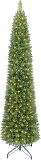 Goplus 6ft Pre-Lit Pencil Christmas Tree with 180 Warm White LED Lights | Artificial Slim Xmas Tree with 445 Full Branch Tips, Folding Metal Stand, Holiday Decoration Tree for Indoor Home Party