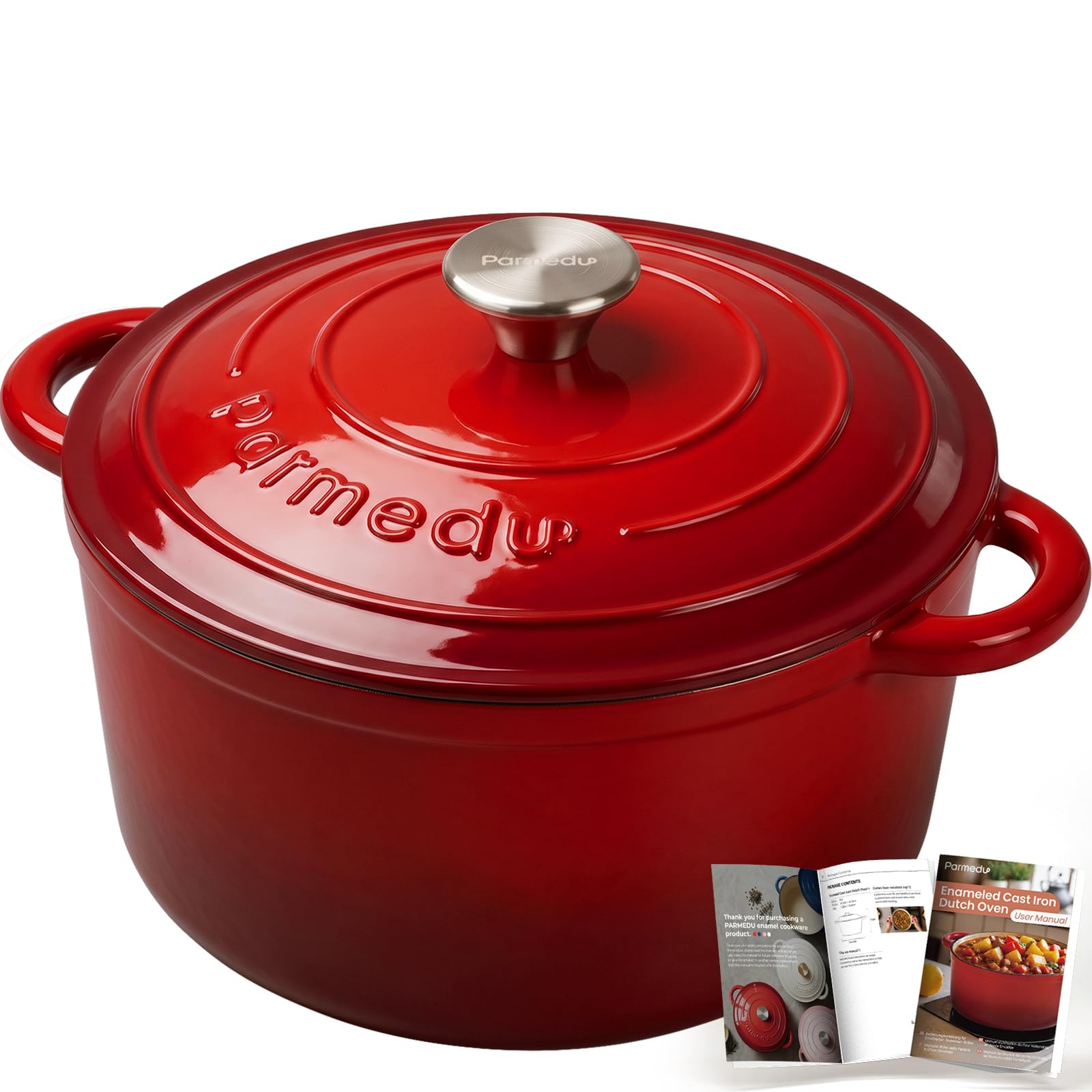 Parmedu 5.5QT Enameled Cast Iron Dutch Oven for Sourdough Bread Red | Non-Stick 