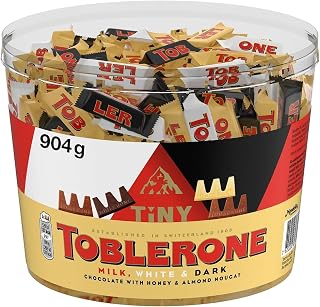 Toblerone Extra Large Tub, Assorted Milk, White & Dark Chocolate, 904 g | Individually Wrapped Tiny Toblerones in Assorted Flavours, Ideal for Sharing or Gifting, Iconic Chocolate Experience