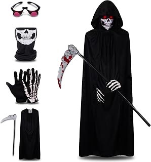 Grim Reaper Costume Kids Adult, Scary Halloween Costumes, 5Pcs Black Scary Halloween Costumes Set with Glowing Eyes Ghostface Mask, Cosplay Outfits for Kids Boys Adult Halloweens Costume Cosplay Party