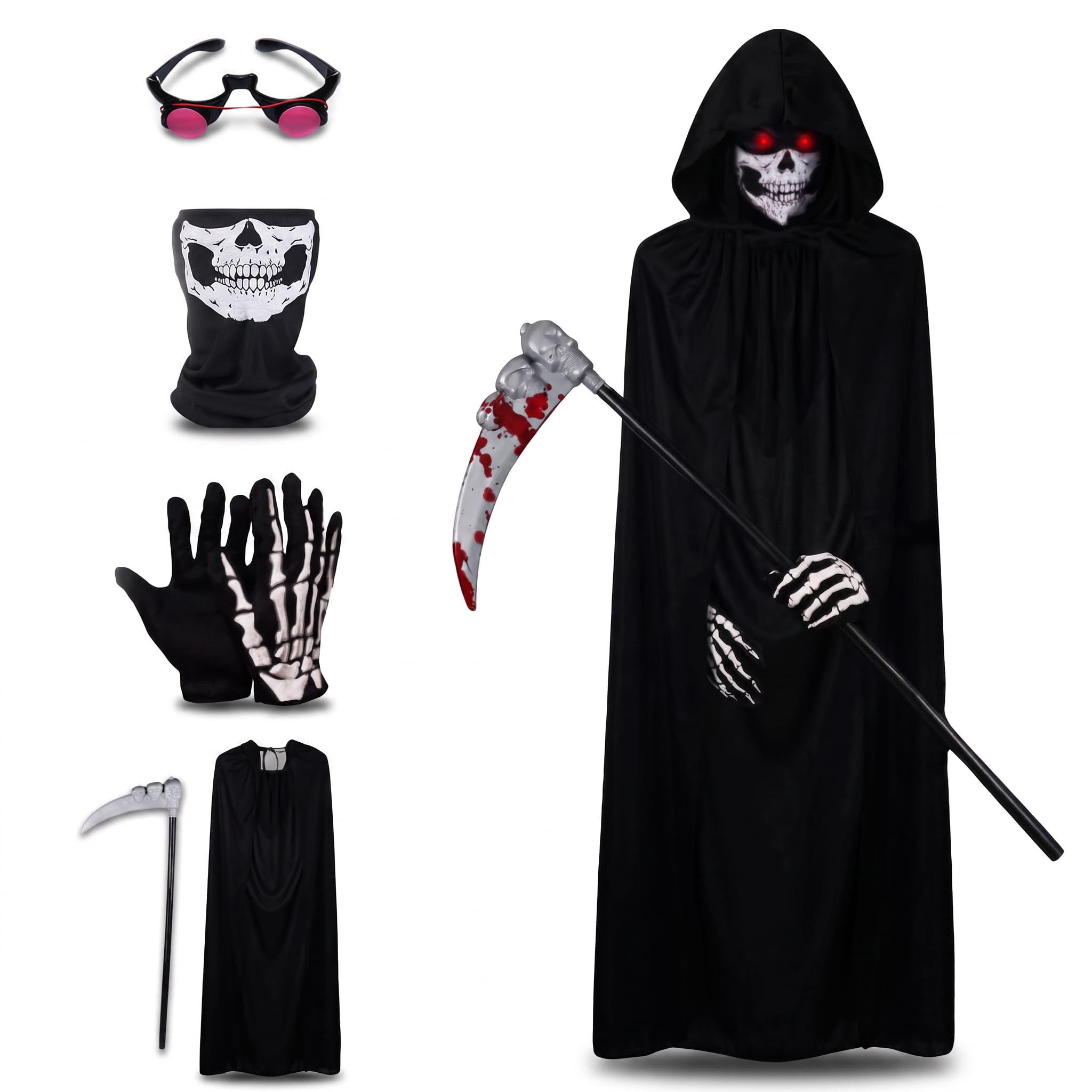 Grim Reaper Costume Kids Adult, Scary Halloween Costumes, 5Pcs Black Scary Hallo