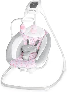 Ingenuity SimpleComfort Portable ​ Baby Swing, Newborn to 9 Months, Pink​ | Lightweight Swing with 6 Speeds, 180 Rotation & Swings 3 Ways, Vibrations & Nature Sounds, 3 Timer Modes, 6-20 lbs​